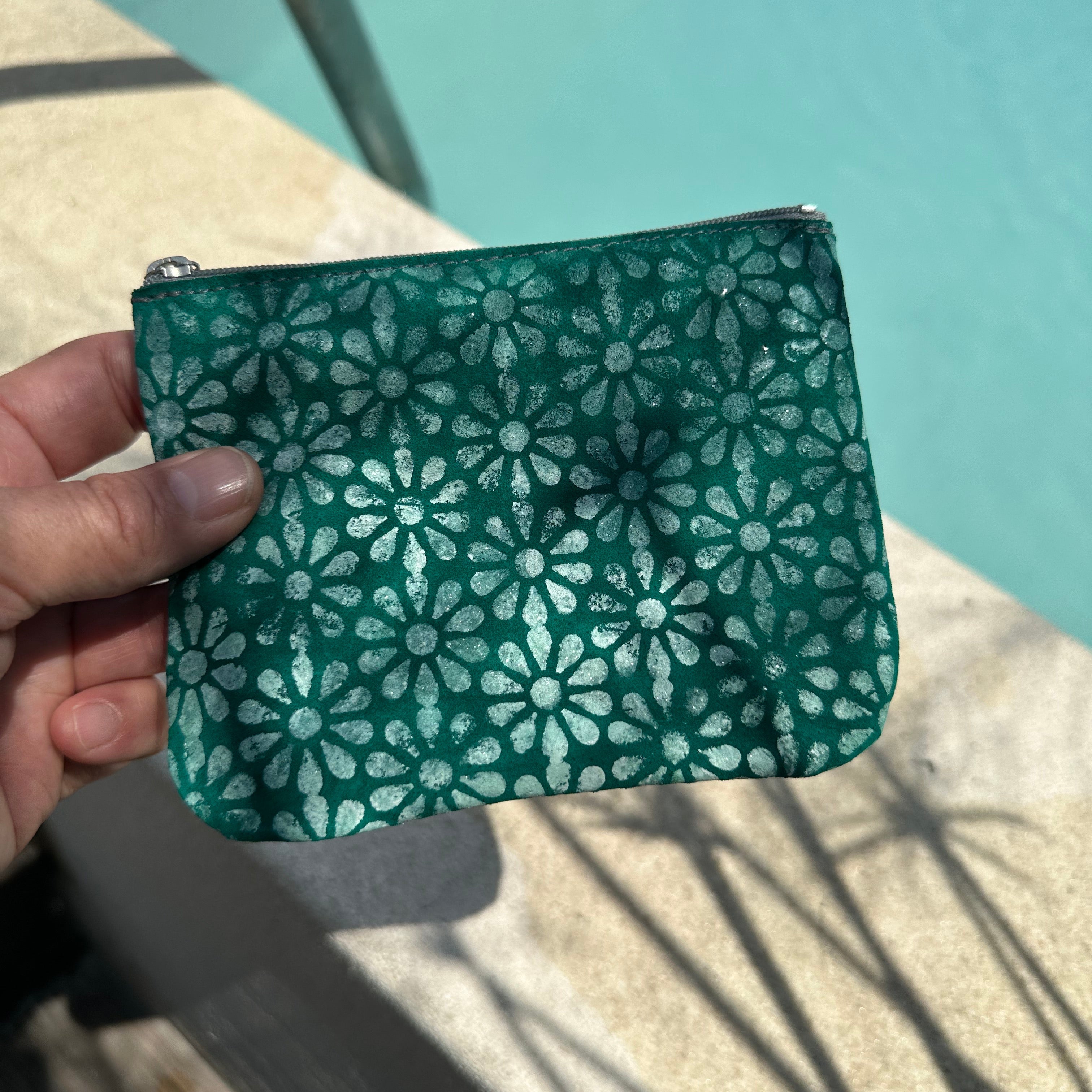 XL Zip Pouch - Suede with Handpainted Daisy Monogram