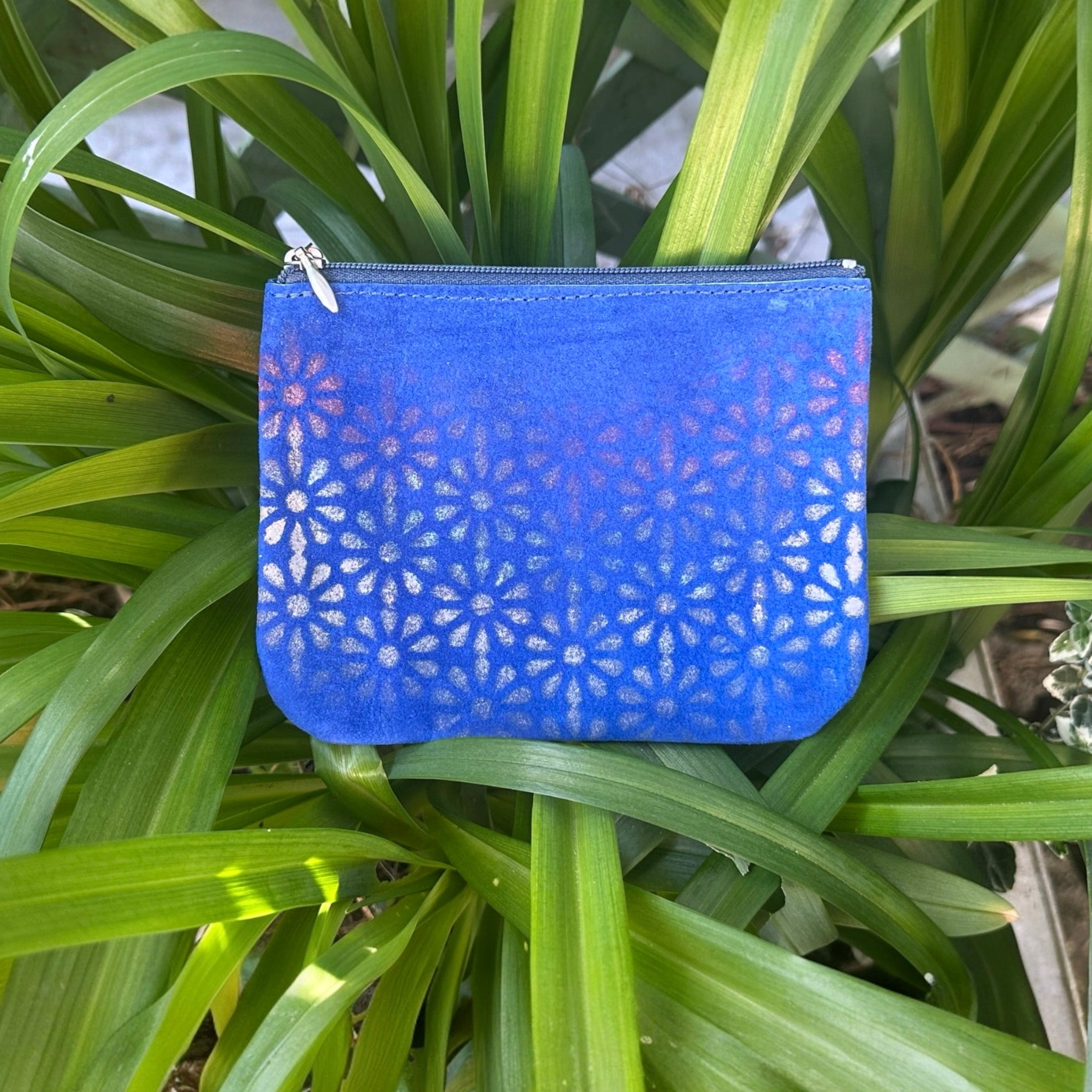 XL Zip Pouch - Suede with Handpainted Daisy Monogram