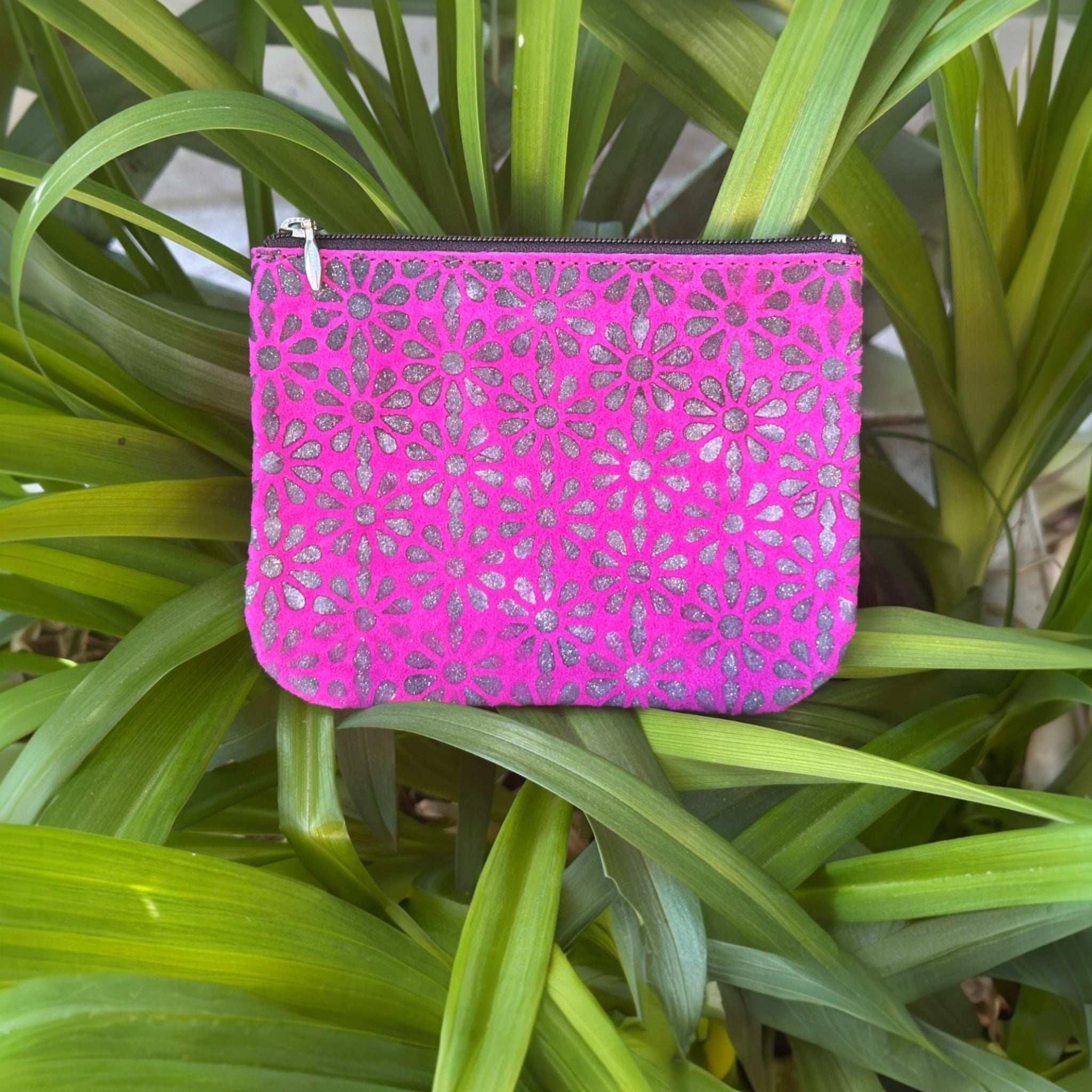 XL Zip Pouch - Suede with Handpainted Daisy Monogram