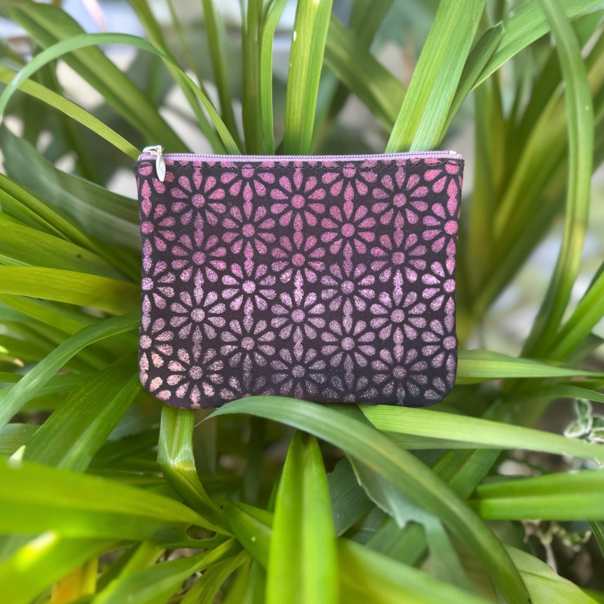 XL Zip Pouch - Suede with Handpainted Daisy Monogram