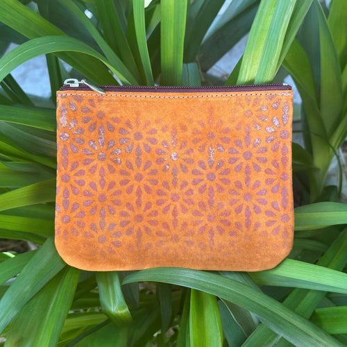 XL Zip Pouch - Suede with Handpainted Daisy Monogram