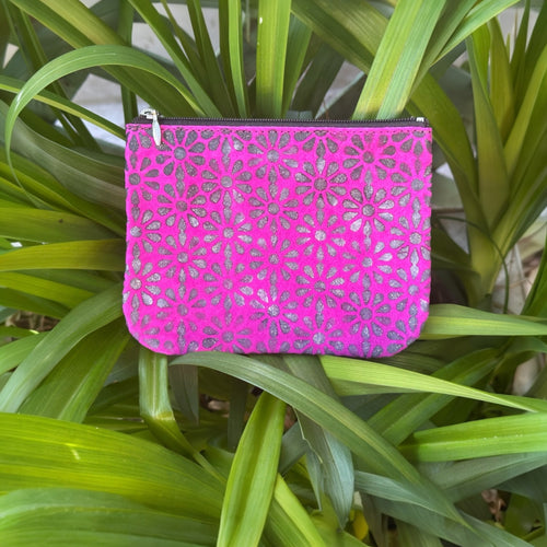 XL Zip Pouch - Suede with Handpainted Daisy Monogram