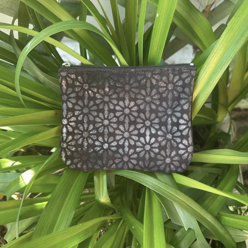 XL Zip Pouch - Suede with Handpainted Daisy Monogram